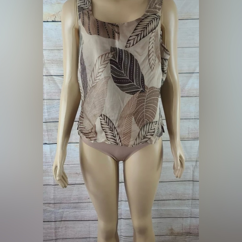 Robbie Bee Womens Top 100% SILK Floral Sleeveless Brown Blouse Size 16